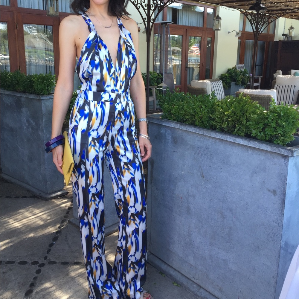 Open back halter neck jumpsuit DVF style